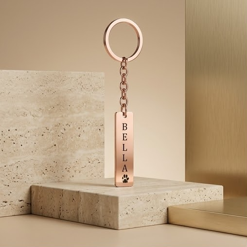 Porte-clés Barre Gravée. Son nom, sa patte, votre lien