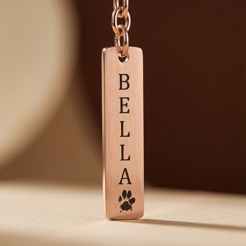 Porte-clés Barre Gravée. Son nom, sa patte, votre lien